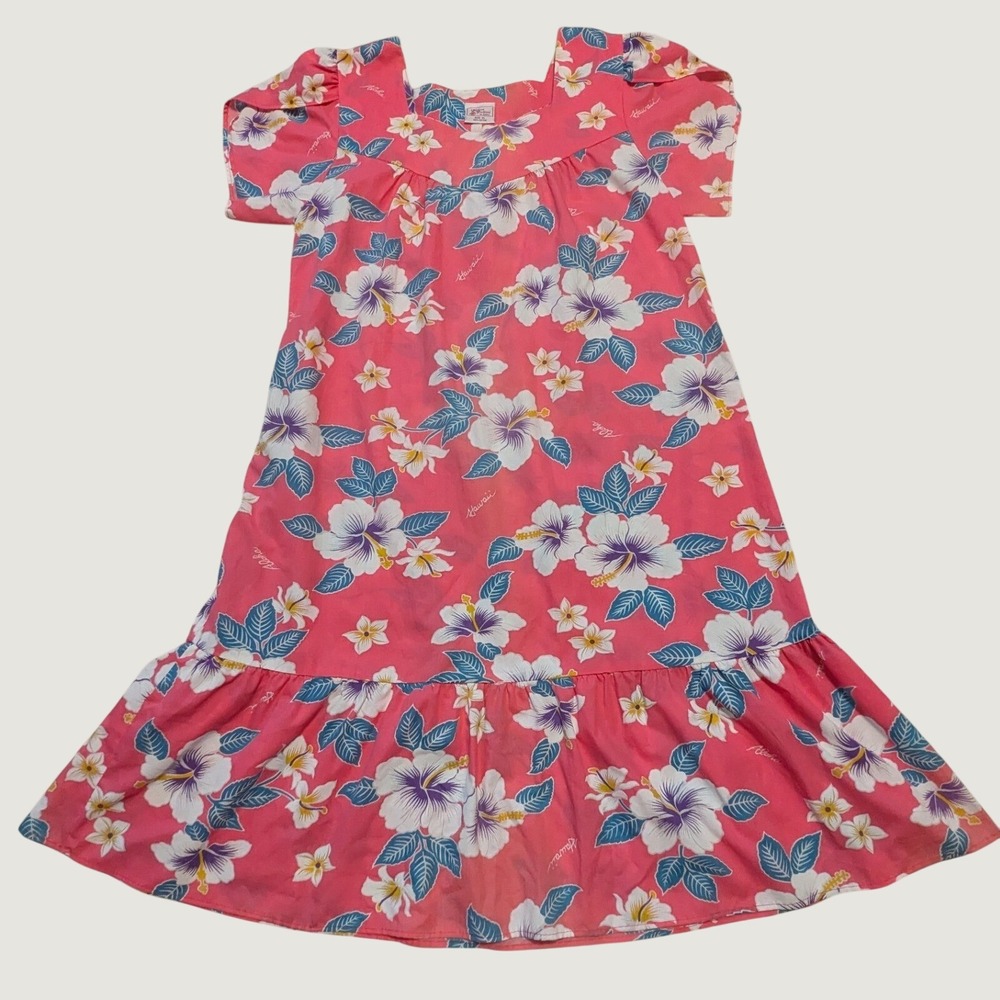 Kalena Fashions Muumuu Dress Sz XL Pink Hibiscus Floral Cotton Hawaii Lounger